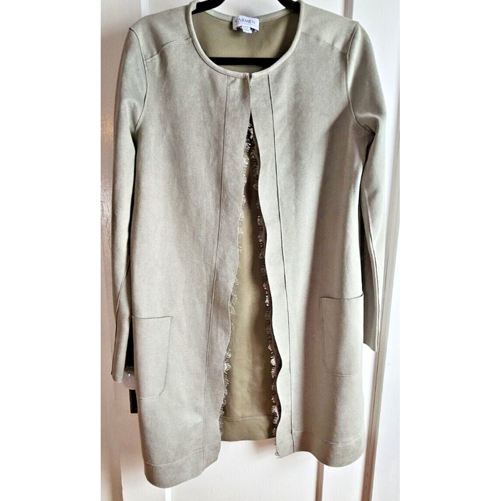 CARMEN MARC VALVO faux suede raw hem longline cardigan jacket woman‎ S green